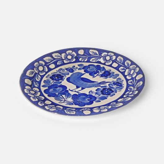 手色彩の鮮やかデルフトブルー文鳥花 ペーパープレート (アングル)