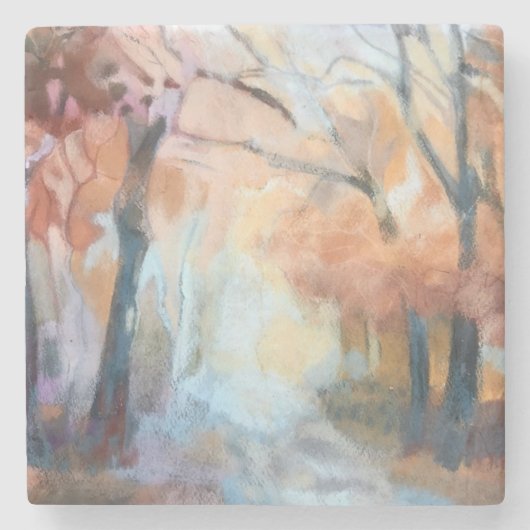 手色彩の鮮やかモダンオレンジ色の黄色い茶色の木 ストーンコースター (正面)