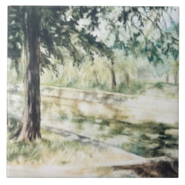 手色彩の鮮やか夏の風景の緑の木川 タイル