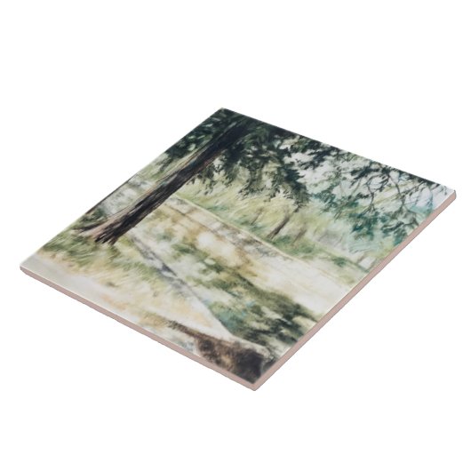 手色彩の鮮やか夏の風景の緑の木川 タイル (側面)