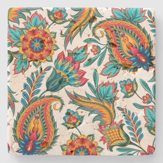 手色彩の鮮やか水色のカラフルフローラペイズリー ストーンコースター (正面)