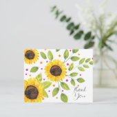 手色彩の鮮やか水色ひまわり花束 サンキューカード (スタンド正面)