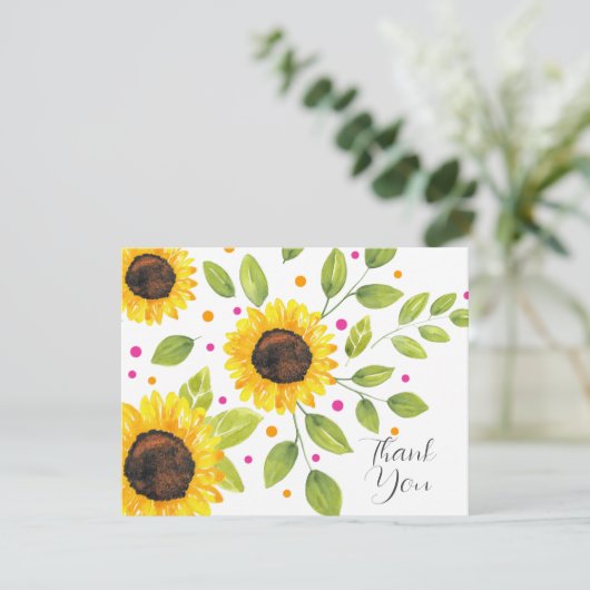 手色彩の鮮やか水色ひまわり花束 サンキューカード (スタンド正面)