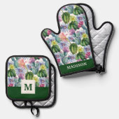 手色彩の鮮やか水色サボテン模様2 鍋つかみ&鍋敷きセット (正面/裏面)