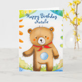 手色彩の鮮やか水色テディベア誕生日カード カード (黄色い花)