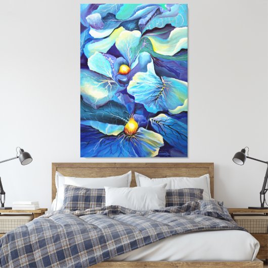 手色彩の鮮やか水色フローラアクア&ブルー キャンバスプリント (インサイチュ (寝室))