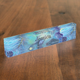 手色彩の鮮やか水色フローラアクア&ブルー デスクネームプレート