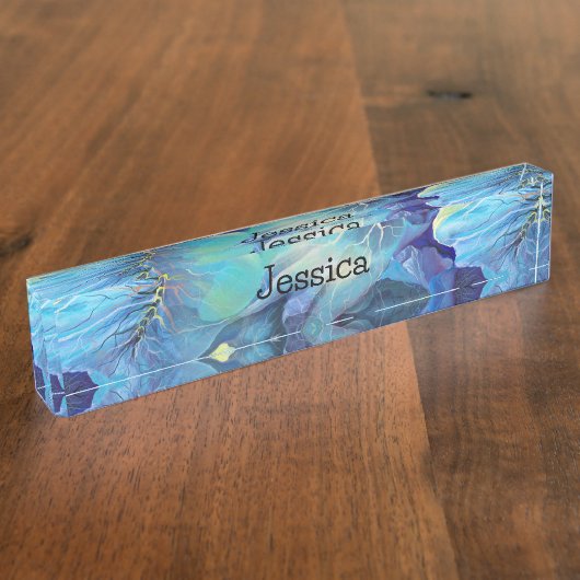 手色彩の鮮やか水色フローラアクア&ブルー デスクネームプレート (側面)