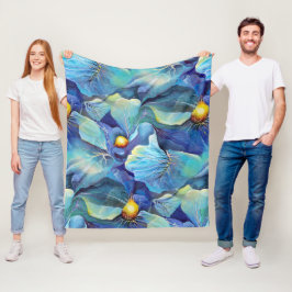 手色彩の鮮やか水色フローラアクア&ブルー フリースブランケット