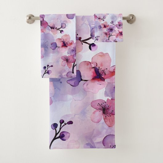 手色彩の鮮やか紫の花さくらんぼ バスタオルセット (インサイチュ)