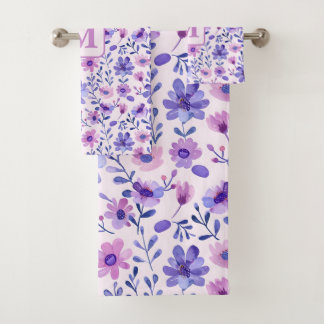 手色彩の鮮やか紫花モノグラパーソナライズされたム バスタオルセット