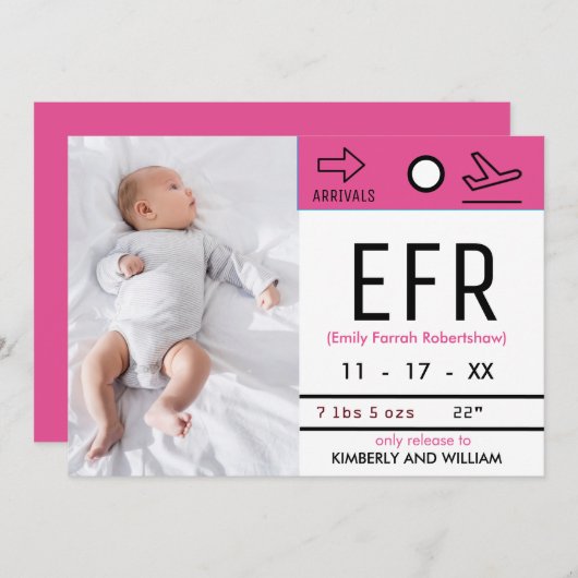 手荷物預かりチケットカウトベビーガール誕生 案内状 (正面/裏面)