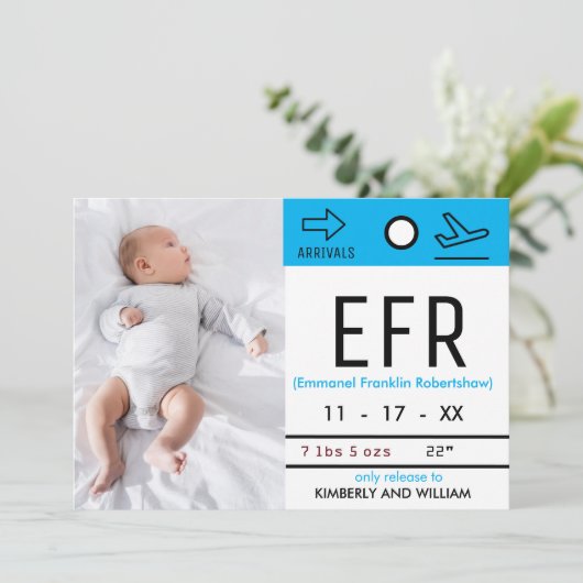 手荷物預け入れチケットカウト男の赤ちゃん誕生 案内状 (スタンド正面)