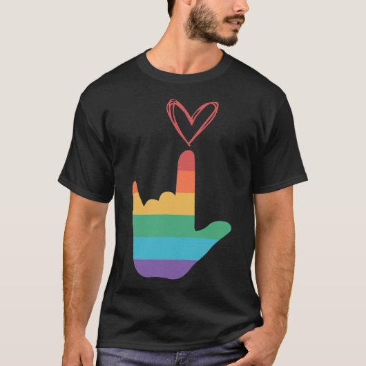 手話のレインボーラブシンボル・ろう者 Tシャツ (正面)