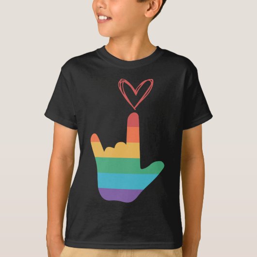 手話の虹の愛のシンボル 聾 Tシャツ (正面)