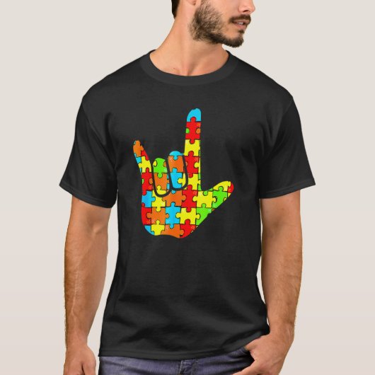 手話ラブサイン 言語 自閉症 認識 サポート Tシャツ (正面)