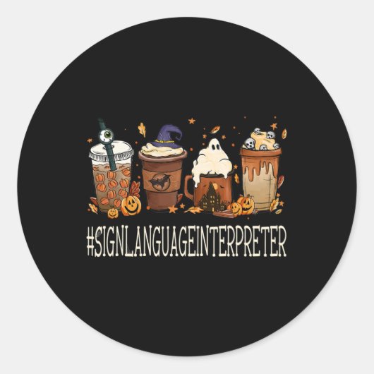 手話通訳者ホラーコーヒーハロウィン ラウンドシール (正面)