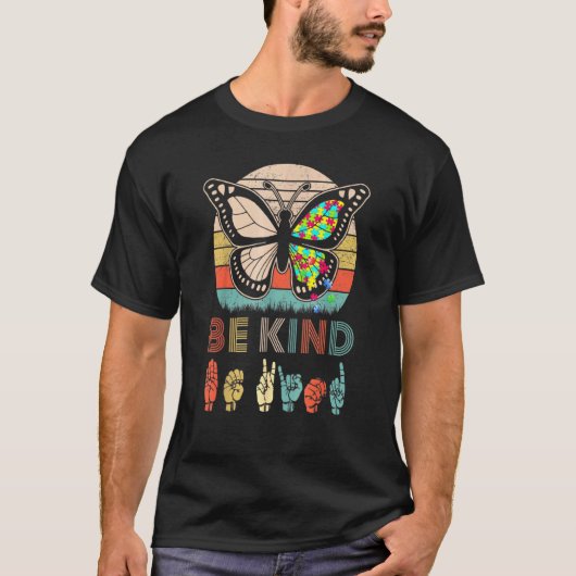手話 バタフライ 自閉症 優しいレディ ヴィンテージ Tシャツ (正面)