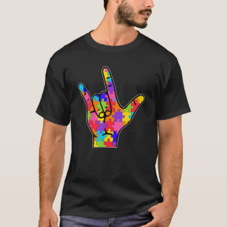 手話 愛 手話言語 自閉症 ギフト 認知度アップ サポート Tシャツ