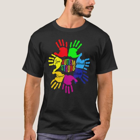 手話 自閉症 認知度アップ サポート Tシャツ (正面)