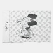 手足と文字を持つ白黒のパピヨン犬 キッチンタオル (横)