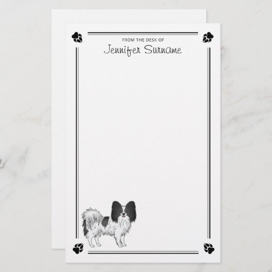 手足と文字を持つ白黒のパピヨン犬 便箋 (正面/裏面)