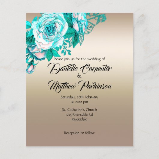 手頃金ゴールドとターコイズバラウェディング招待 チラシ (正面)