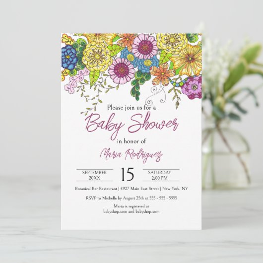 手鮮やか引きカラフル花赤ちゃんシャワー 招待状 (スタンド正面)