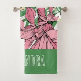 手鮮やか描きフローラモノグラム緑ピンク バスタオルセット