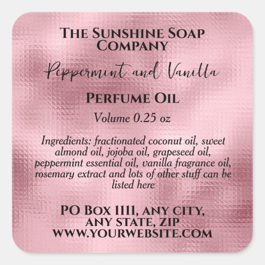 打ち上げピンクフォイル香水ローラーボトルラベル スクエアシール (正面)