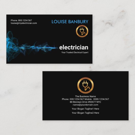 打つ青い電気稲妻波電気技師 名刺 (正面/裏面)