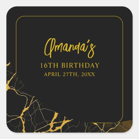 打撃ブラック&金ゴールドマーブルスウィート16誕生日 スクエアシール (正面)