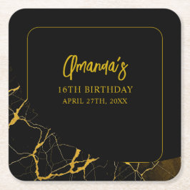 打撃ブラック&金ゴールドマーブルスウィート16誕生日 スクエアペーパーコースター