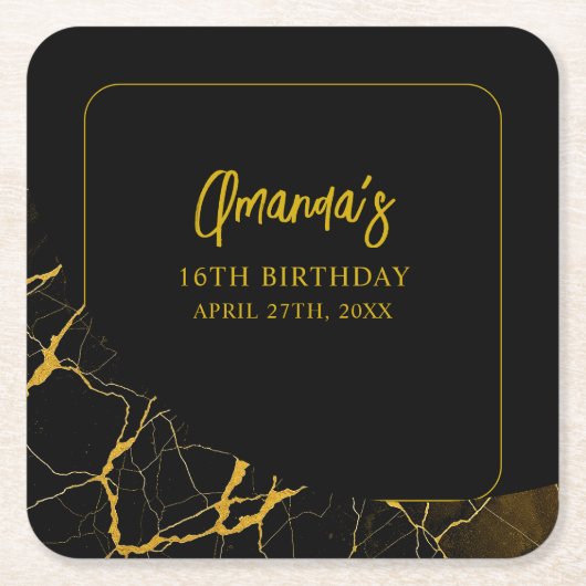 打撃ブラック&金ゴールドマーブルスウィート16誕生日 スクエアペーパーコースター (正面)