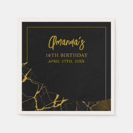 打撃ブラック&金ゴールドマーブルスウィート16誕生日 スタンダードカクテルナプキン