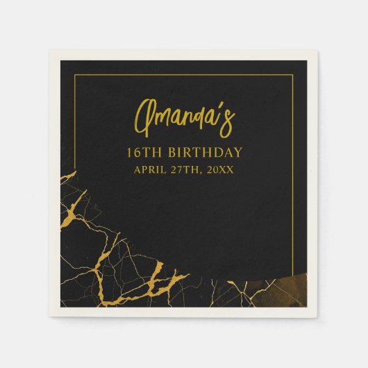 打撃ブラック&金ゴールドマーブルスウィート16誕生日 スタンダードカクテルナプキン (正面)