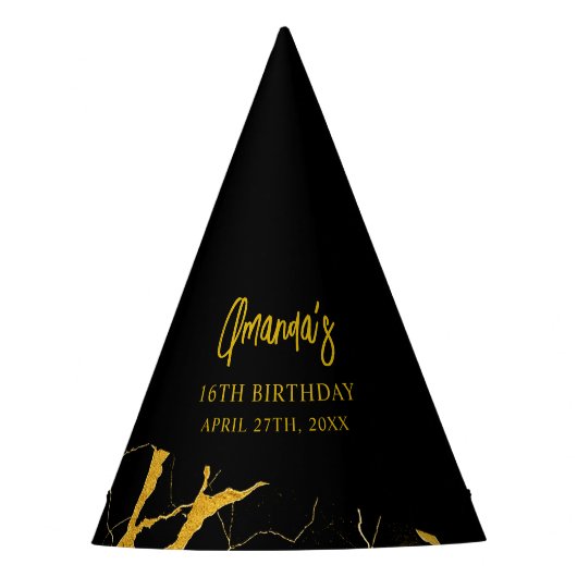打撃ブラック&金ゴールドマーブルスウィート16誕生日 パーティーハット (正面)