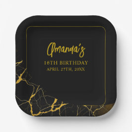 打撃ブラック&金ゴールドマーブルスウィート16誕生日 ペーパープレート