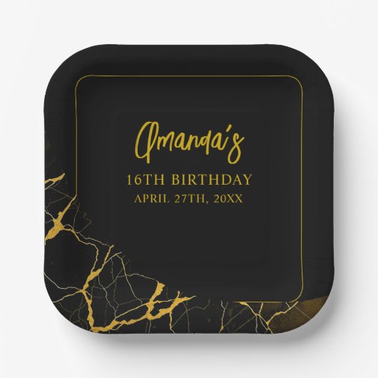 打撃ブラック&金ゴールドマーブルスウィート16誕生日 ペーパープレート (正面)