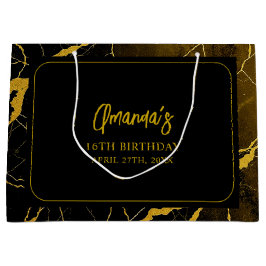 打撃ブラック&金ゴールドマーブルスウィート16誕生日 ラージペーパーバッグ
