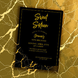 打撃ブラック&金ゴールドマーブルスウィート16誕生日 招待状