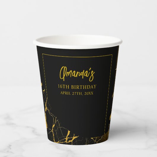 打撃ブラック&金ゴールドマーブルスウィート16誕生日 紙コップ (正面)