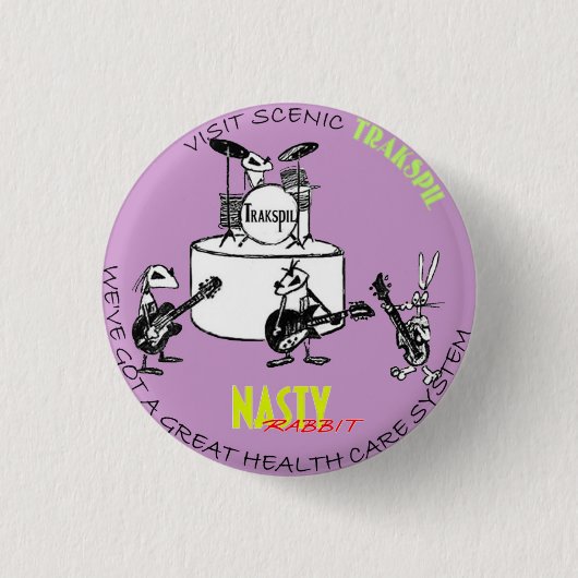 扱いにくいウサギ: ウサギ第9の"Trakspilの観光事業" 缶バッジ (正面)