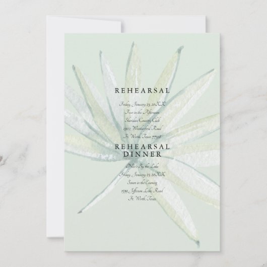 抑えられたトロピカル結婚な葉のミントリハーサル 招待状 (正面)