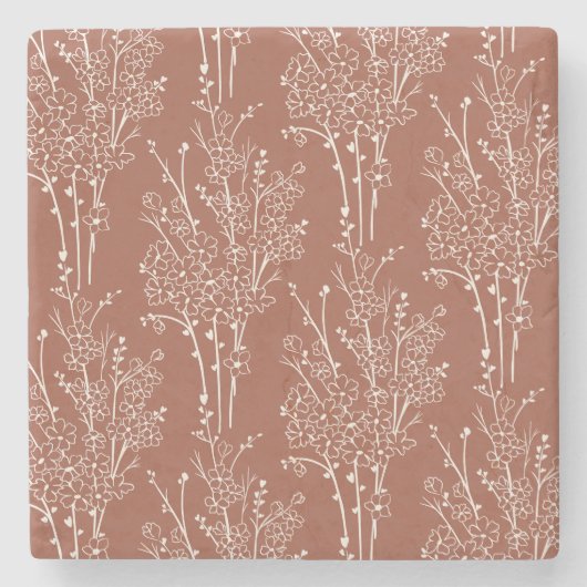 投げなげ花模様の植物画風デザイン Rusty Sienna ストーンコースター (正面)