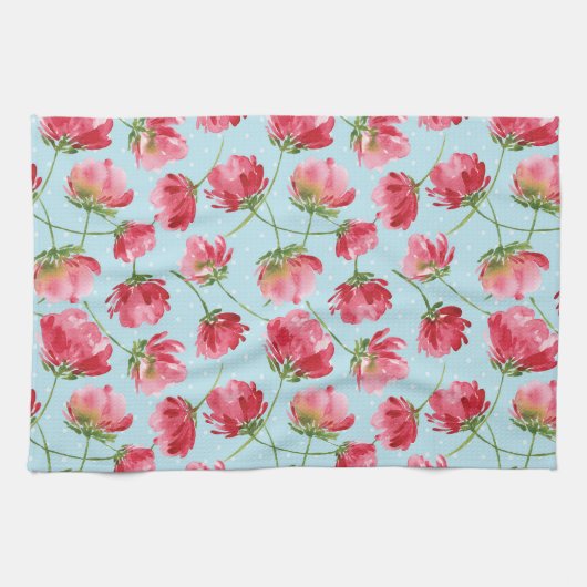 投げクリムゾンレッドウォーター色花模様水玉模様 キッチンタオル (横)