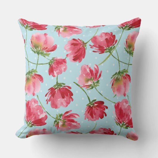 投げクリムゾンレッドウォーター色花模様水玉模様 クッション (正面)