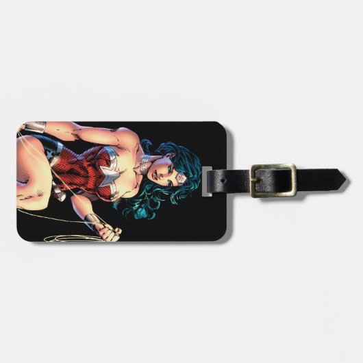 投げ疑問に思縄を岩の上に握る女性 ラゲッジタグ (正面横)