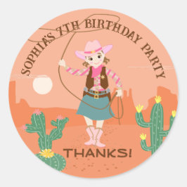 投げ縄とキャッシュを持つ女性のカーボーイ子供の誕生日パーティー ラウンドシール