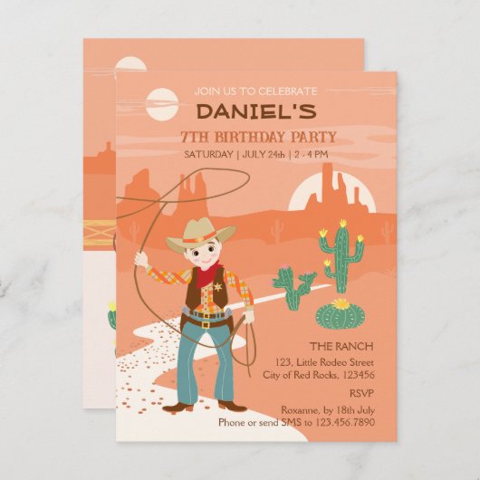 投げ縄とサボテンのカウボーイ子供の誕生日パーティー インビテーションポストカード (正面/裏面)